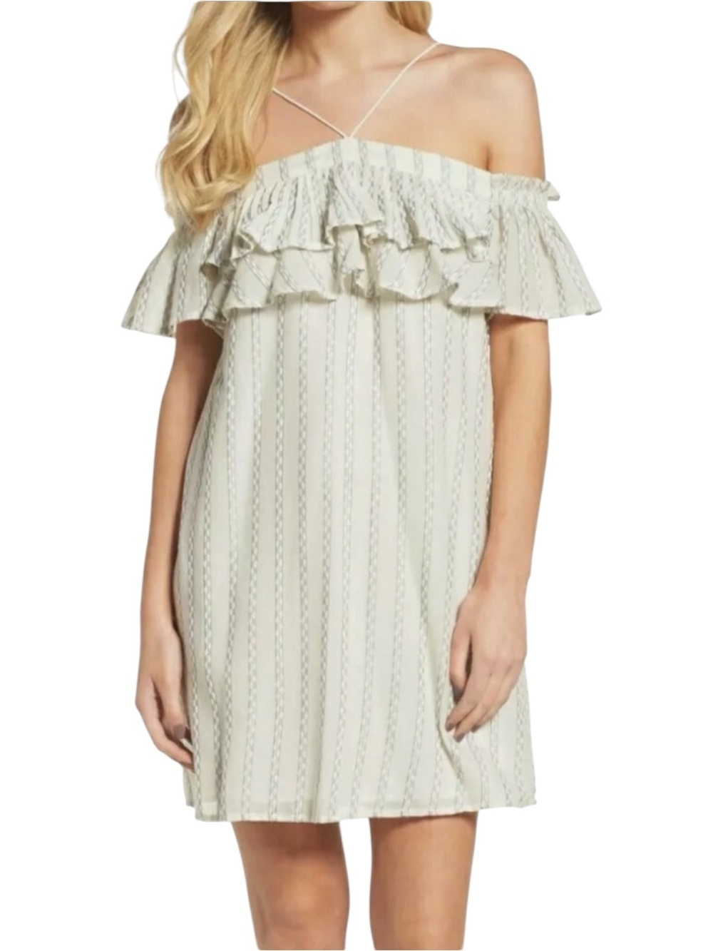 NWT Greylin Off Shoulder Ruffle Mini Dress L Cream Striped Boho Romantic